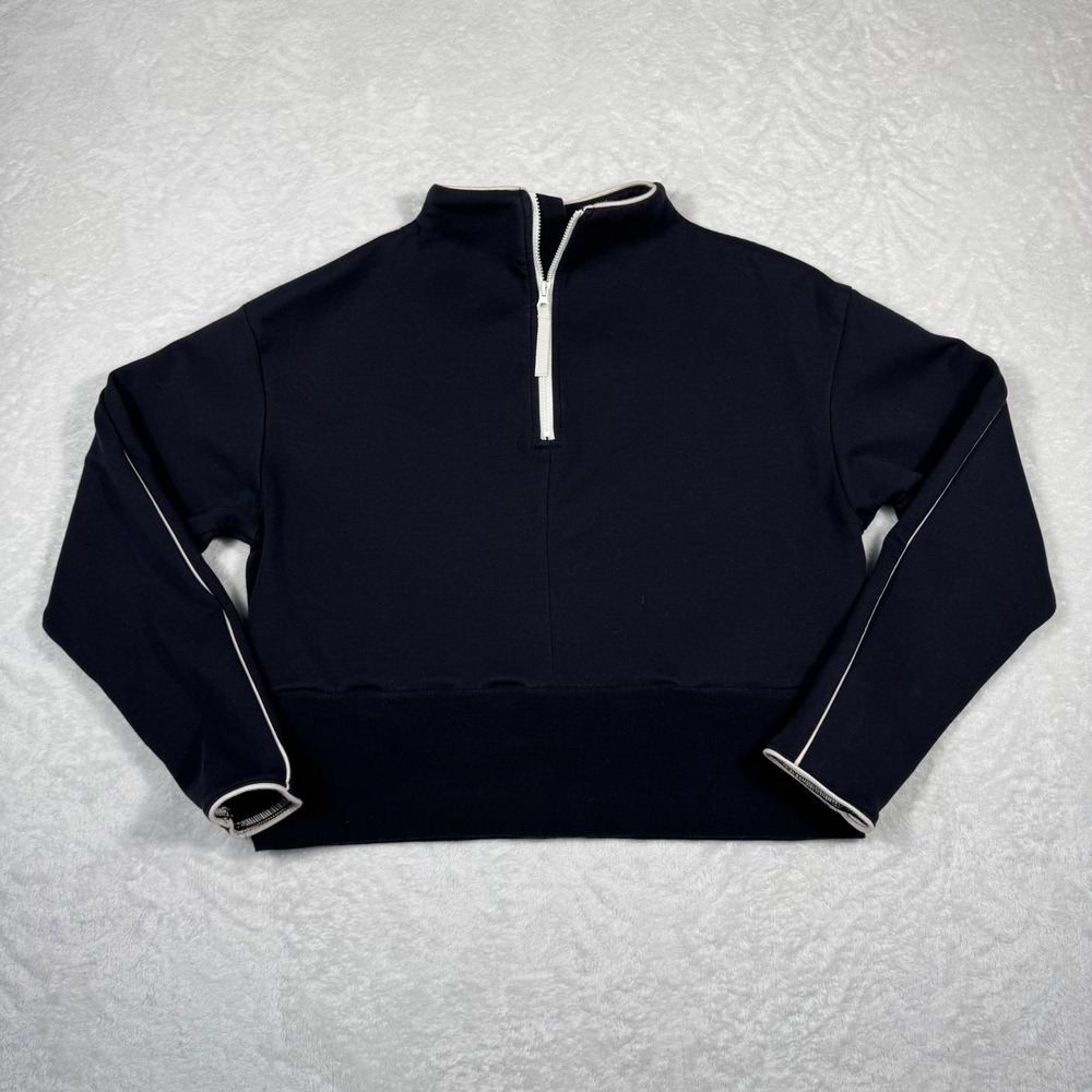 Athleisure S/M Black Quarter Zip Cropped Pullover White Piping Mock Neck